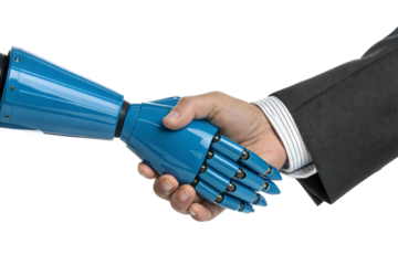 A blue robotic arm shakes hands with a human hand wearing a black suit. Transparent background. Close up