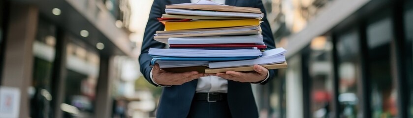 A professional individual carries a large stack of documents in a bustling urban setting, emphasizing workload and productivity.