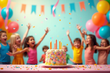 A playful birthday party scene featuring happy kids with balloons, ribbons, and a large cake decorated with candles and sprinkles..