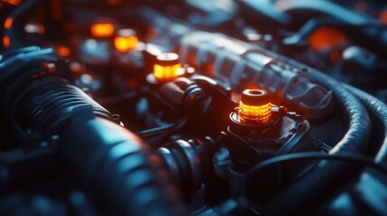 Intricate electronic equipment with orange and red lights, symbolizing digital technology and power.