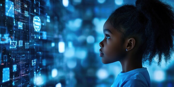 A young girl, possibly of African American descent, is engrossed in a digital educational experience on a screen. She represents diversity and the importance of STEM education for all children.