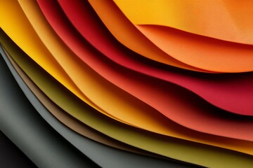 Vibrant layers of colored paper arranged in a wavy pattern create a striking visual effect in soft lighting