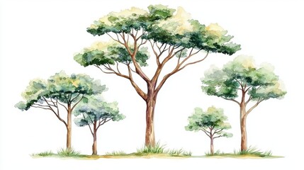 A watercolor illustration featuring various trees, showcasing diversity in size and shape, perfect for nature-themed projects.
