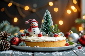 christmas cake topped with a snowman, surrounded by festive decorations including pine cones, bells, and christmas tree ornaments. A delightful centerpiece for holiday celebrations.