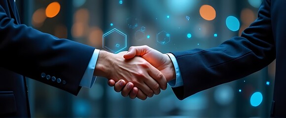 business agreement documents Two businessmen shake hands against a backdrop of glowing digital hexagons, symbolizing the merging of traditional business practices with modern technology.