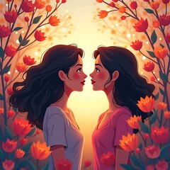 Two Souls, One Heart: A vibrant illustration of two women, their faces illuminated by the warm glow of a setting sun, surrounded by blossoming flowers.