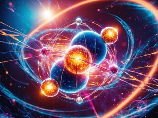 Colorful depiction of an atom with electrons orbiting around the nucleus in a vibrant cosmic background