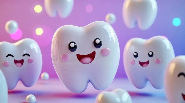 Three cartoon teeth are smiling and are surrounded by other teeth