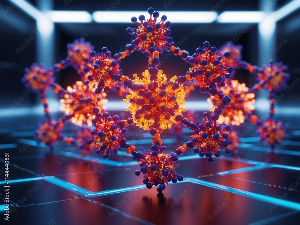 Poster visual representation of molecular structure showcasing interconnected atoms and vibrant energy in a