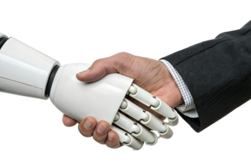 A white robotic arm shakes hands with a human hand wearing a black suit. Transparent background. Close up