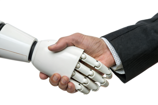 A white robotic arm shakes hands with a human hand wearing a black suit. Transparent background. Close up
