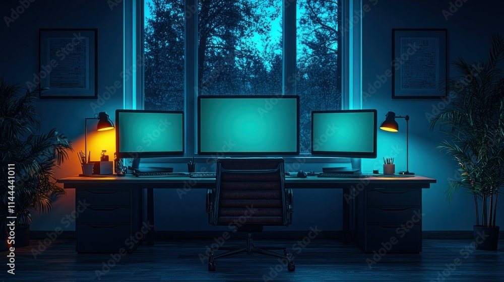 Poster modern office setup with multiple monitors at night.