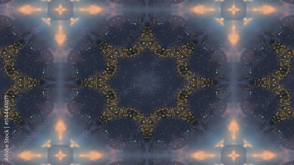 Poster a symmetrical digital kaleidoscope featuring vibrant colors and abstract patterns.