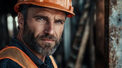 Fototapeta premium A close-up portrait of a serious construction worker wearing a safety helmet, reflecting professionalism and dedication, set against a blurred industrial background.