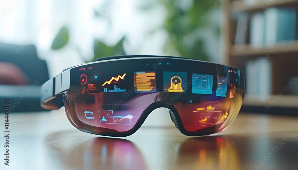 Poster futuristic augmented reality glasses displaying interactive digital interfaces. ideal for showcasing