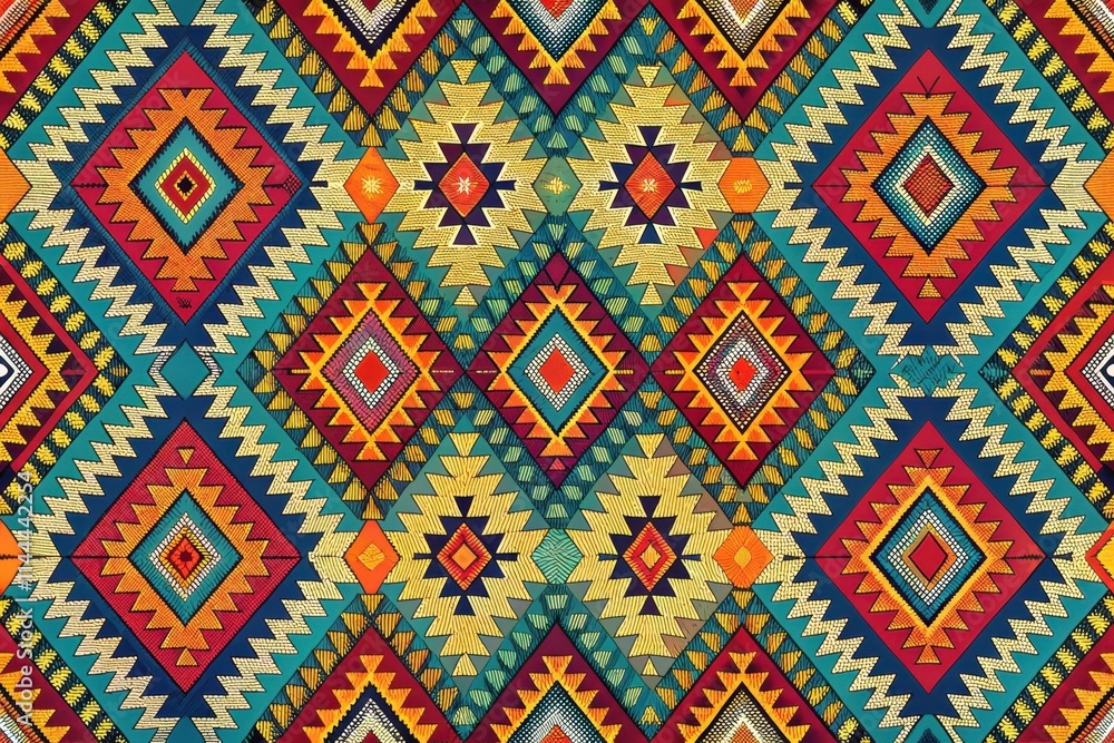 Poster a vibrant geometric pattern featuring colorful diamonds and zigzag motifs in rich hues, creating a s