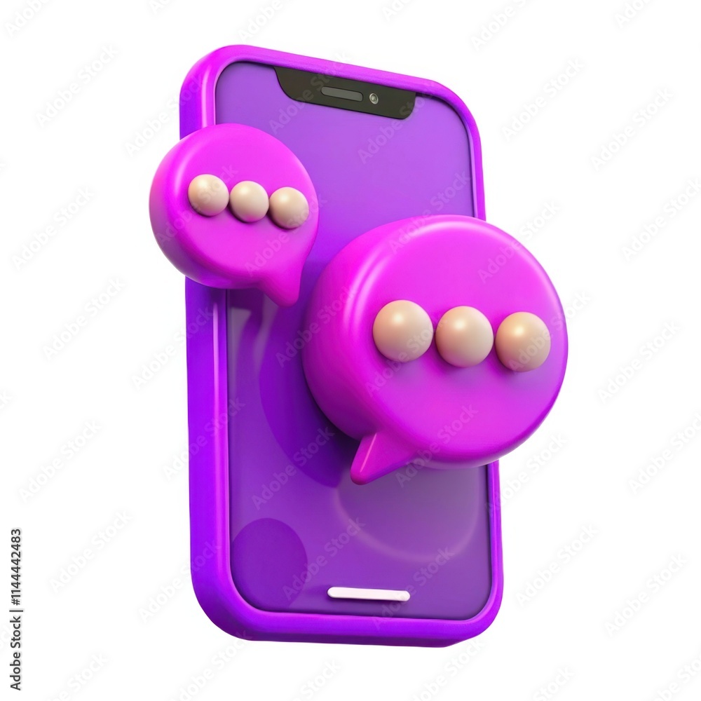 Poster a vibrant purple smartphone with chat bubble designs for messaging, featuring round dots to indicate