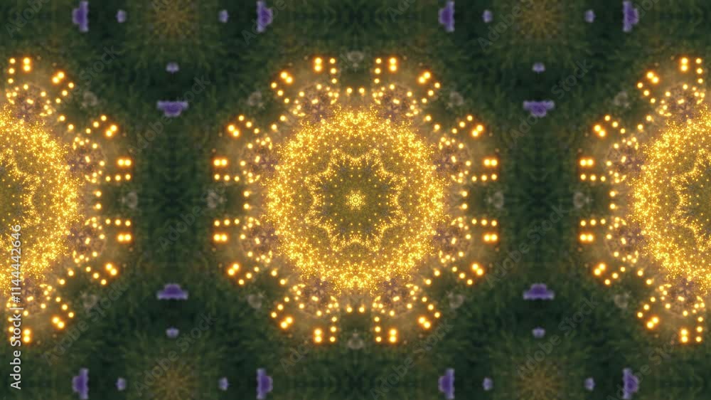 Poster a symmetrical, abstract design featuring warm colors and intricate patterns.