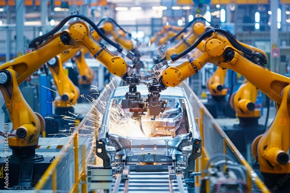 Poster automated robotic arms performing spot welding operations on a vehicle body frame in a modern car fa