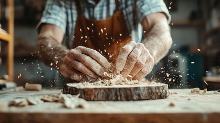 Focused hands of a woodworker carve a piece of round wood, surrounded by dynamic movement of sawdust, showcasing the artistry involved in wood shaping.