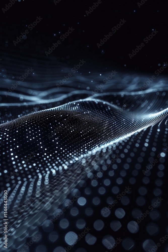 Poster black and white image of a wave with many dots. the image has a futuristic and abstract feel to it