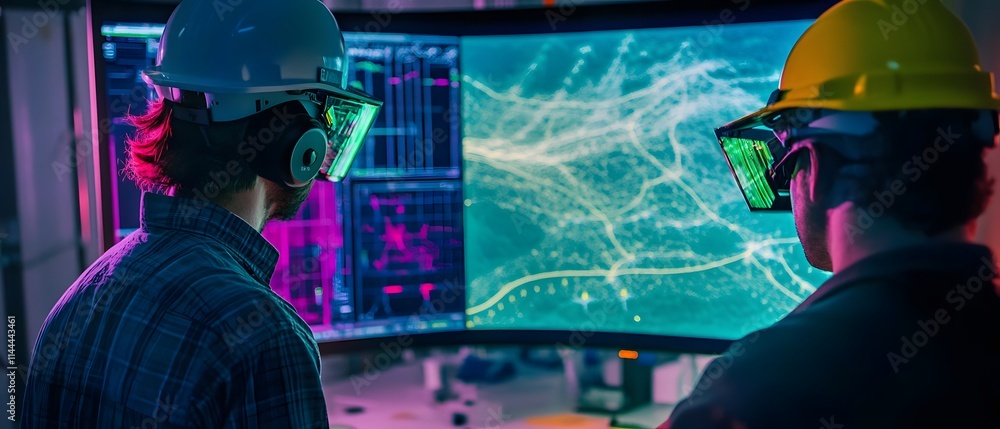 Poster two engineers, wearing safety helmets and augmented reality glasses, analyze complex data visualizat
