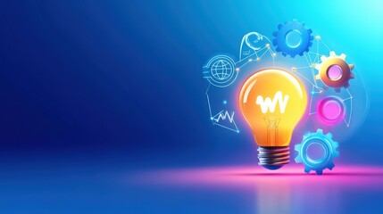 Illustration of product-market fit with a glowing light bulb, target icon, and connected gears representing the perfect alignment between product and market needs.