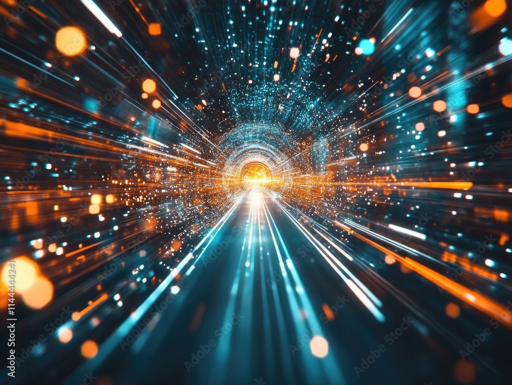 Poster high tech futuristic tunnel in motion with sparkling lights, digital connectivity and technology con