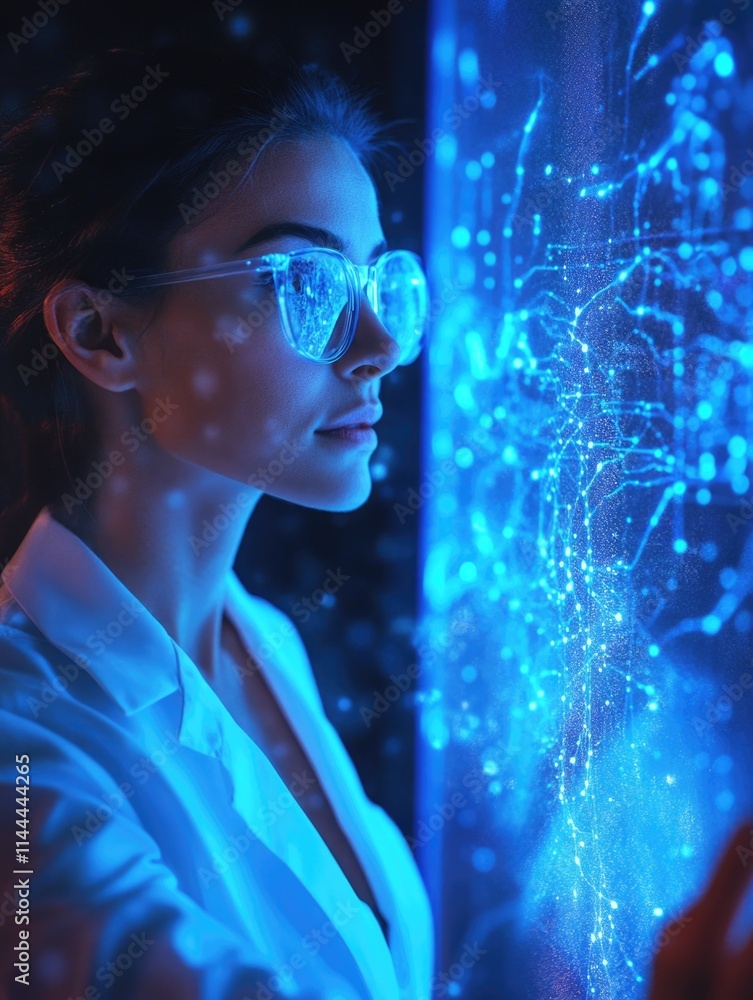 Poster a woman in a lab coat focusing on digital information, possibly analyzing data or developing artific