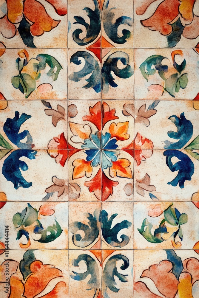 Poster colorful tile pattern with a flower design. the tiles are arranged in a square shape. the colors are