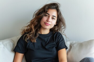 Naklejka premium Young latin woman sitting on the sofa wearing a black product mock up t shirt with copy space design
