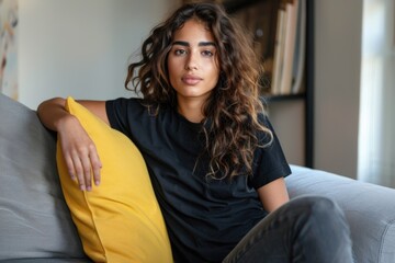 Obraz premium Young latin woman sitting on the sofa wearing a black product mock up t shirt with copy space design
