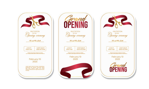 Grand opening design with ribbon, balloons and gold scissors, confetti. Vector illustration