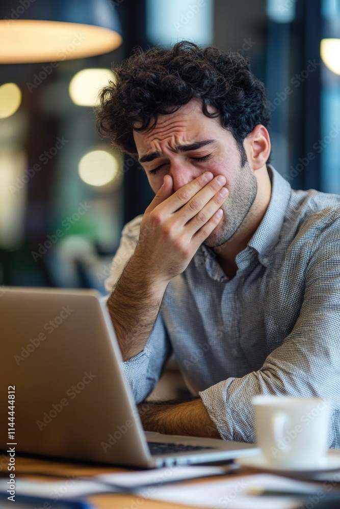 Poster man rubbing face, stressed about work on computer screen.