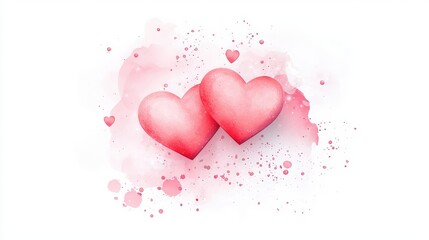 Two overlapping hearts in a flat vector style, with a romantic watercolor splash backdrop, perfect for festive themes.