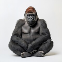 A gorilla sits calmly against a white background.