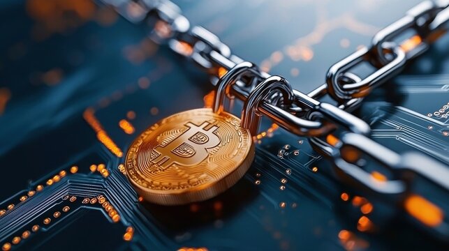 Bitcoin cryptocurrency blockchain technology futuristic digital finance concept with chains and locks Decentralized virtual currency secure financial transactions and innovative cryptographic code