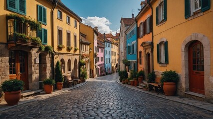 Obraz premium Charming cobblestone street lined with colorful historic buildings. A picturesque European scene with terracotta pots and lush greenery.