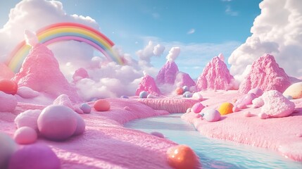 candy landscape with pink mountains rainbow and fluffy clouds