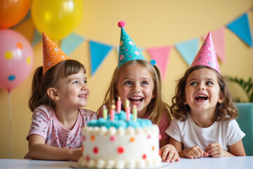 A playful birthday party scene featuring happy kids with balloons, ribbons, and a large cake decorated with candles and sprinkles..