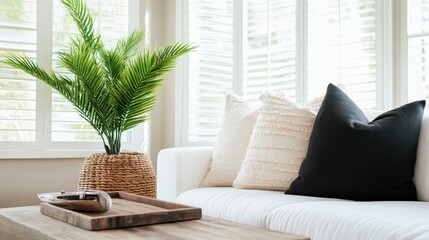 A bright and airy living room showcasing white furniture complemented by a textured woven basket filled with a lush green plant, ideal for relaxed and elegant living.