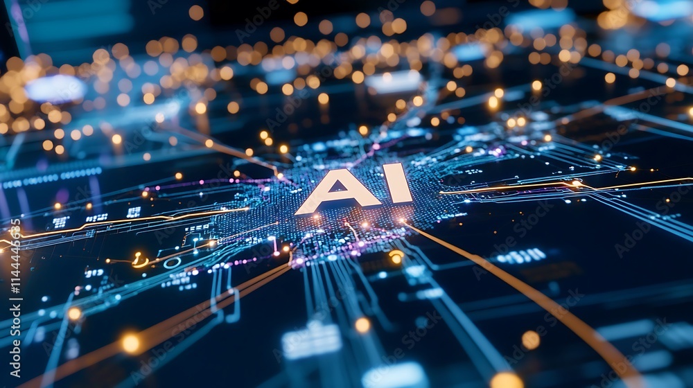 Poster futuristic ai concept with digital network connections and bright lights representing artificial int