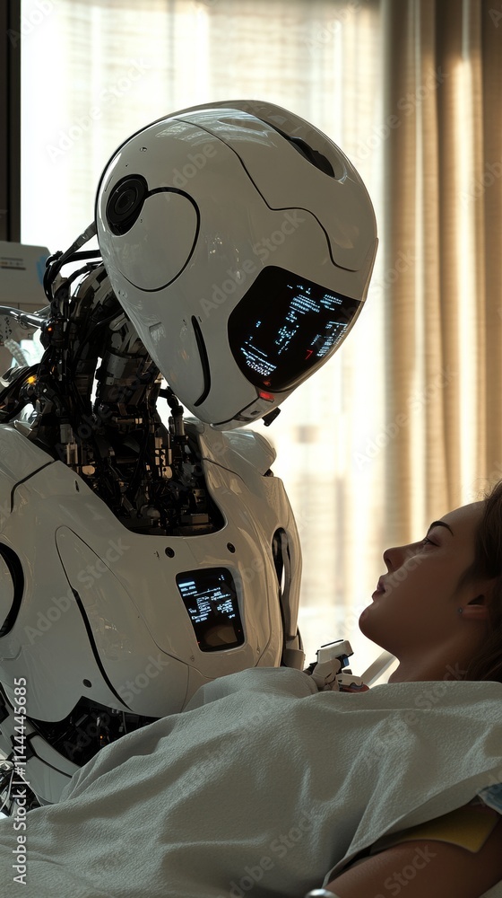 Poster advanced humanoid robot attentively caring for a human patient lying in bed, highlighting the future