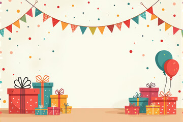 Fototapeta premium A festive birthday illustration with carefully wrapped gifts, decorative balloons, and fun party banners in bright, cheerful colors..