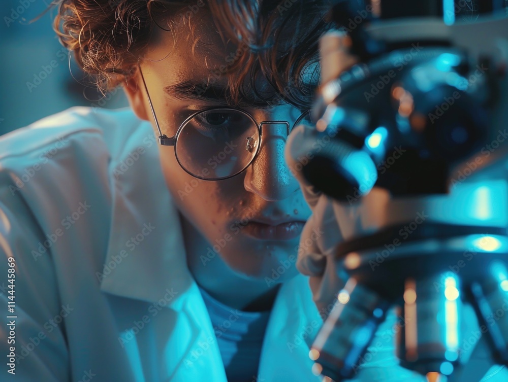 Poster a scientist in a lab using a microscope to study samples.