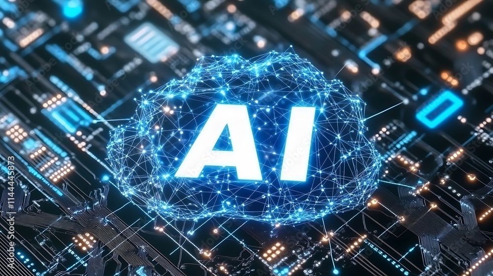 Poster futuristic ai concept with digital network connections and bright lights representing artificial int