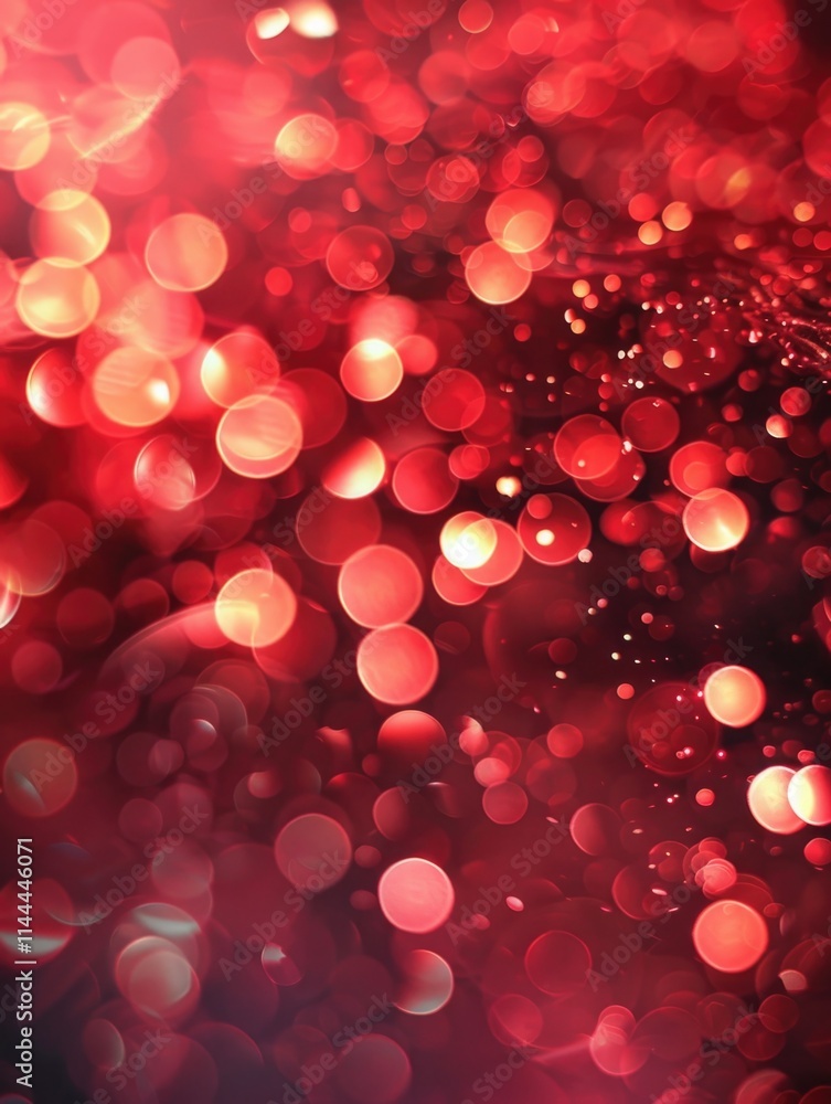 Poster glittering red particles create a bokeh effect in the center of the image.