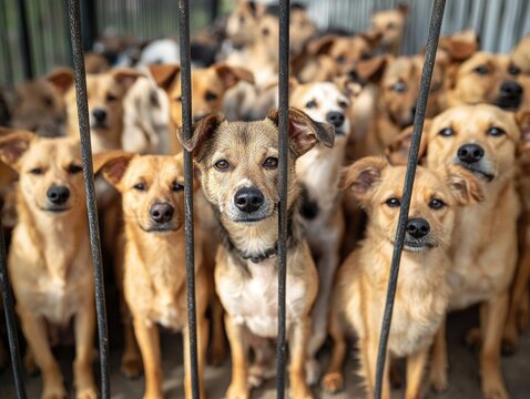 A group of shelter dogs behind a metal fence. - Powered by Adobe