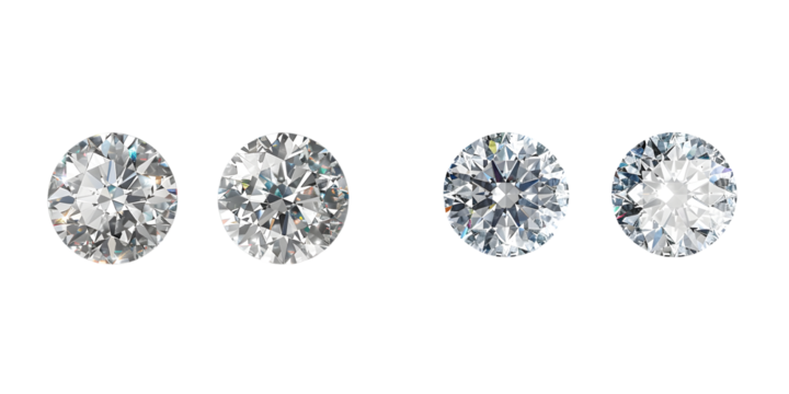 Set of Sparkling light round brilliant cut diamond with shadow top view and front view. 3D rendering illustration. Generative AI.