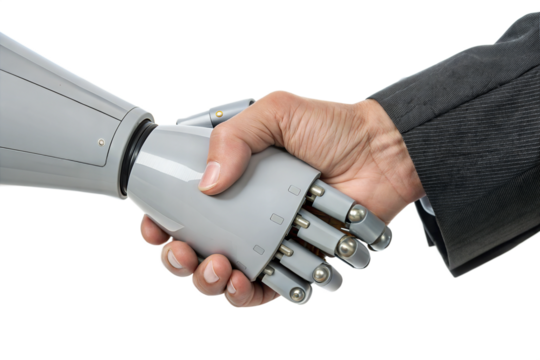 A grey robotic arm shakes hands with a human hand wearing a black suit. Transparent background. Close up